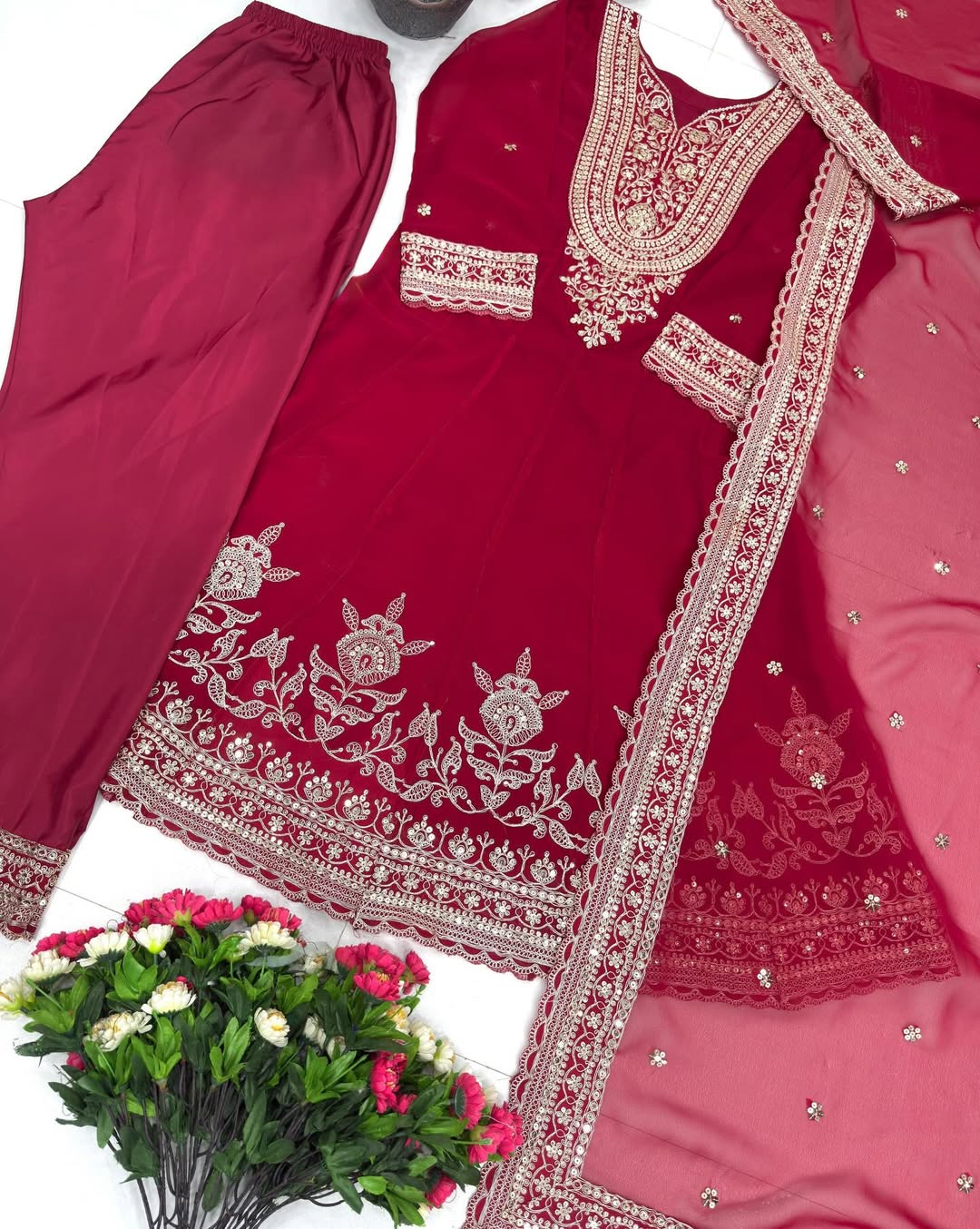 Designer Heavy Embroidered Kurti Palazzo Set with Net Dupatta | Party & Festive Wear for Women