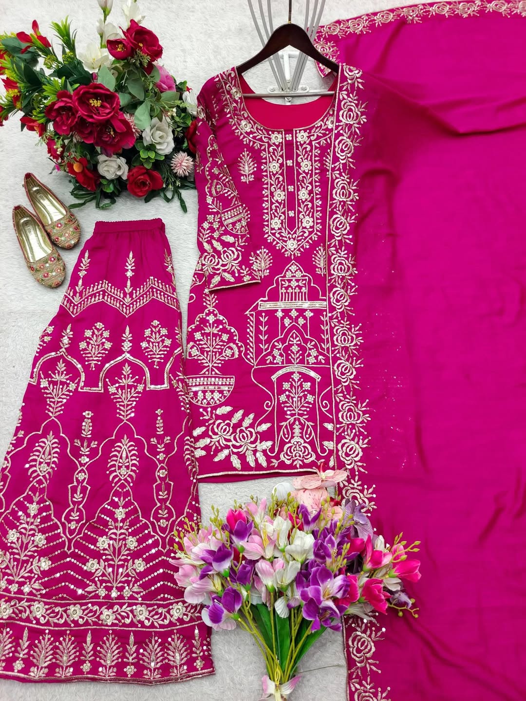 Designer Magenta Embroidered Kurti Pant Set with Dupatta | Festive & Party Wear Ethnic Suit