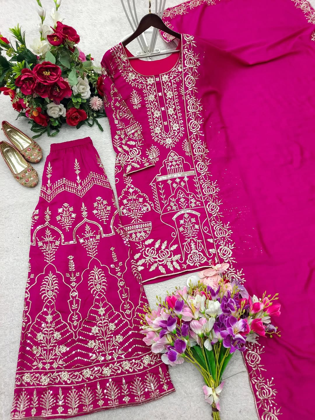 Designer Magenta Embroidered Kurti Pant Set with Dupatta | Festive & Party Wear Ethnic Suit