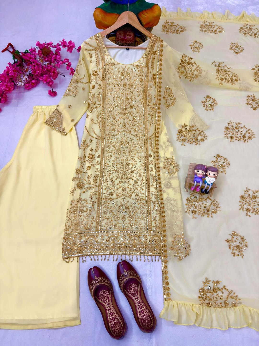 Designer Heavy Embroidered Kurti Palazzo Set with Net Dupatta | Party & Festive Wear for Women