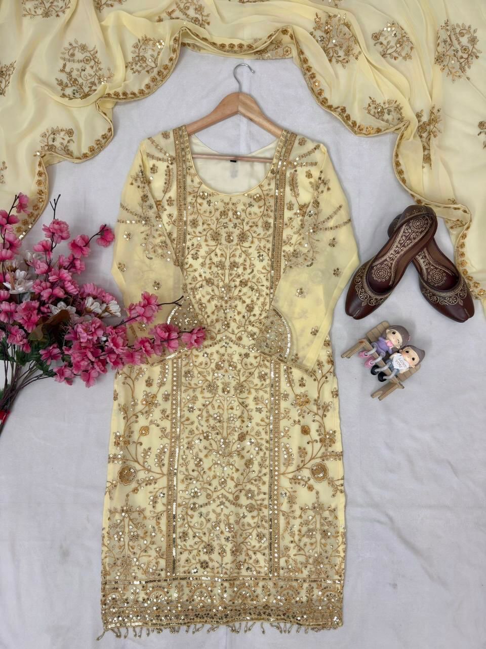 Designer Heavy Embroidered Kurti Palazzo Set with Net Dupatta | Party & Festive Wear for Women