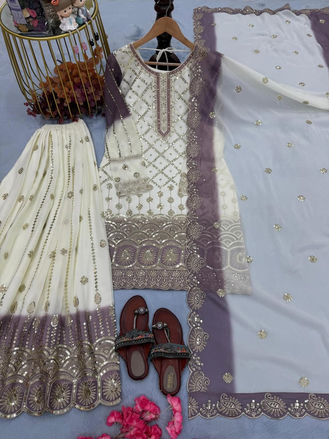 Ivory Lavender Embroidered Salwar Suit Set with Dupatta | Indian Party Wear Punjabi Suit | Festive Ethnic Wear