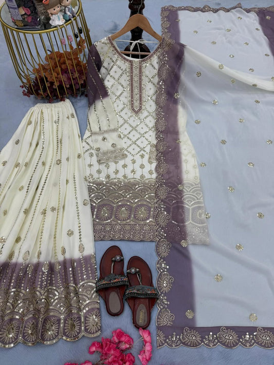 Ivory Lavender Embroidered Salwar Suit Set with Dupatta | Indian Party Wear Punjabi Suit | Festive Ethnic Wear