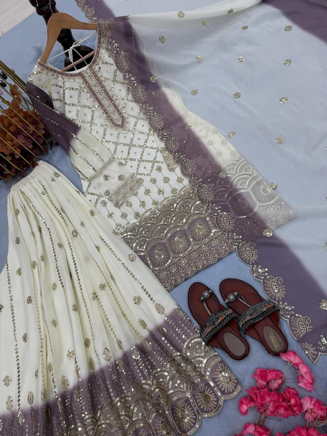 Ivory Lavender Embroidered Salwar Suit Set with Dupatta | Indian Party Wear Punjabi Suit | Festive Ethnic Wear