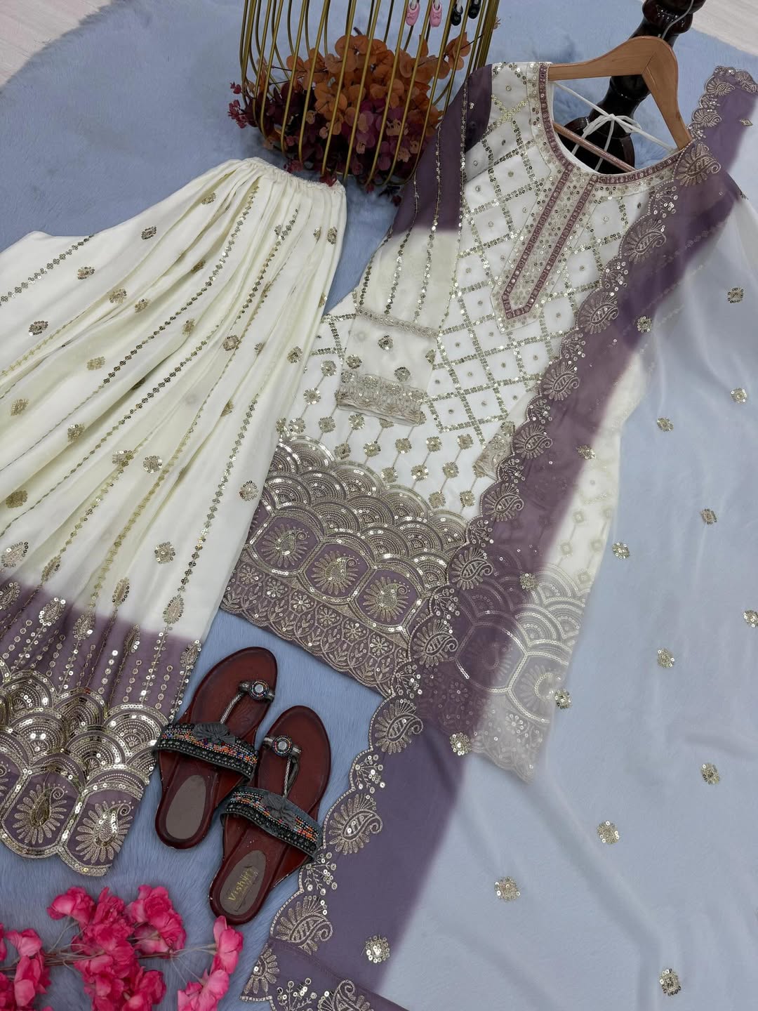 Ivory Lavender Embroidered Salwar Suit Set with Dupatta | Indian Party Wear Punjabi Suit | Festive Ethnic Wear