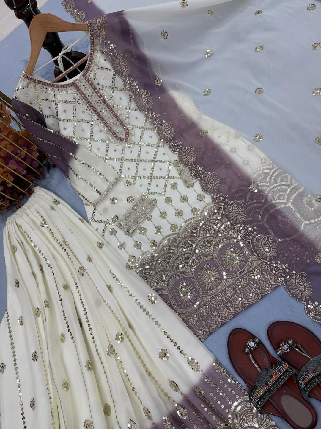 Ivory Lavender Embroidered Salwar Suit Set with Dupatta | Indian Party Wear Punjabi Suit | Festive Ethnic Wear