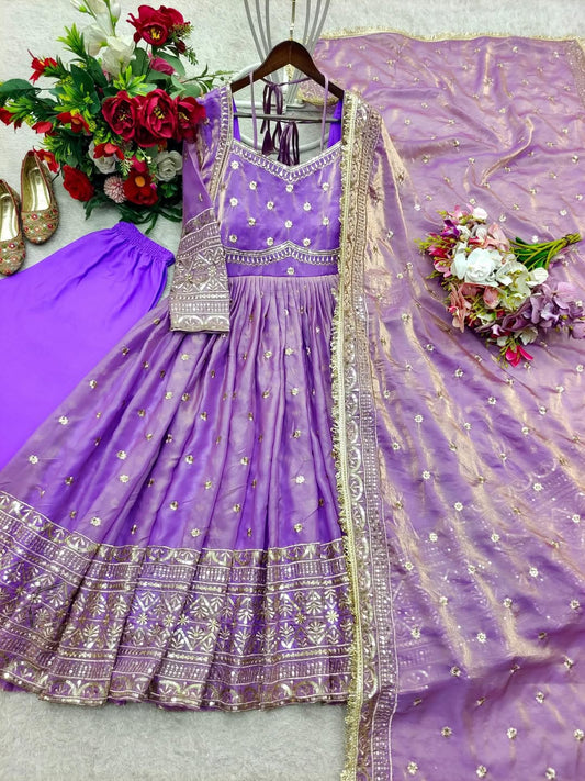 Designer Purple Anarkali Gown with Pant & Dupatta – Heavy Embroidered Festive Wear
