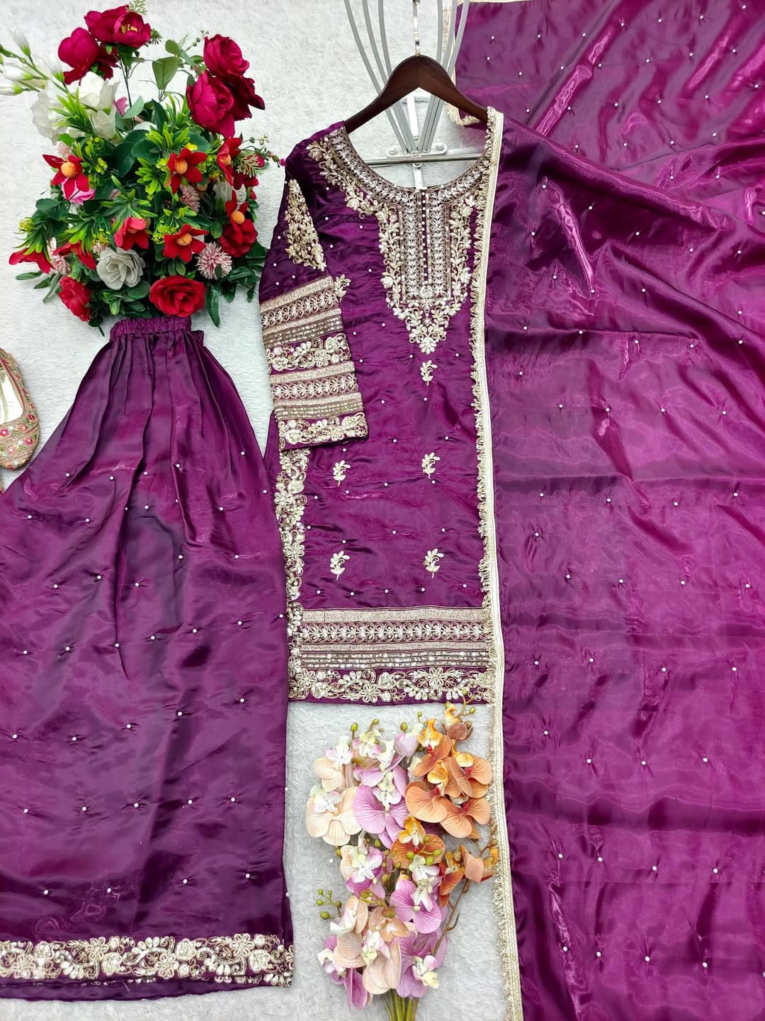Designer Embroidered Kurti Palazzo Set with Dupatta | Wine & Bottle Green Party Wear Suit