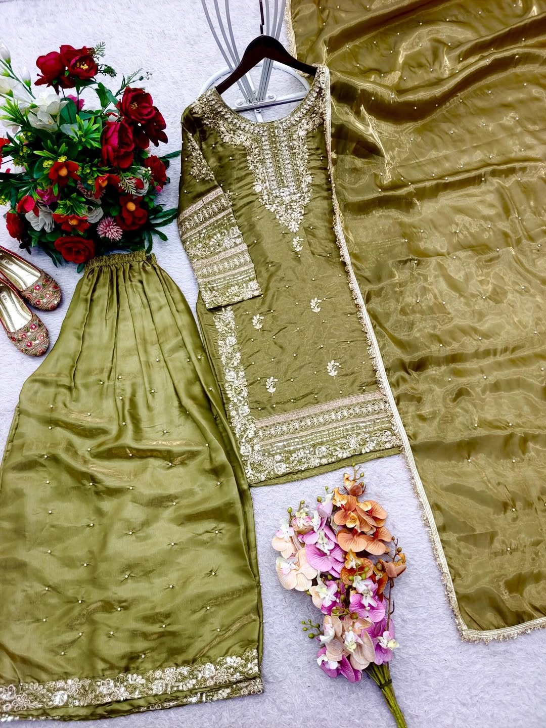 Designer Embroidered Kurta Sharara Suit Set with Dupatta | Party Wear Festive Ethnic Outfit for Women | Available in Pink & Olive Green