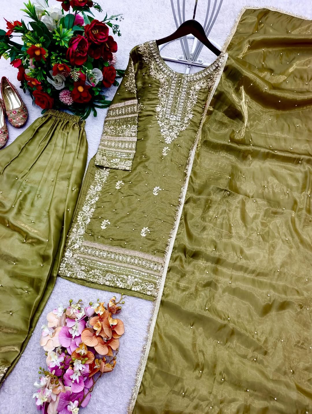 Designer Embroidered Kurta Sharara Suit Set with Dupatta | Party Wear Festive Ethnic Outfit for Women | Available in Pink & Olive Green