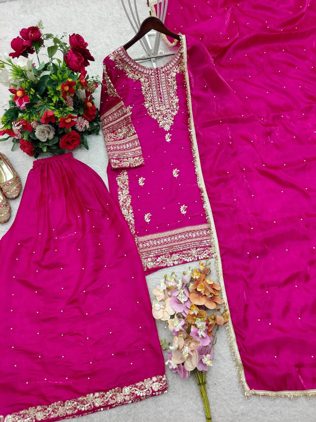 Designer Embroidered Kurta Sharara Suit Set with Dupatta | Party Wear Festive Ethnic Outfit for Women | Available in Pink & Olive Green