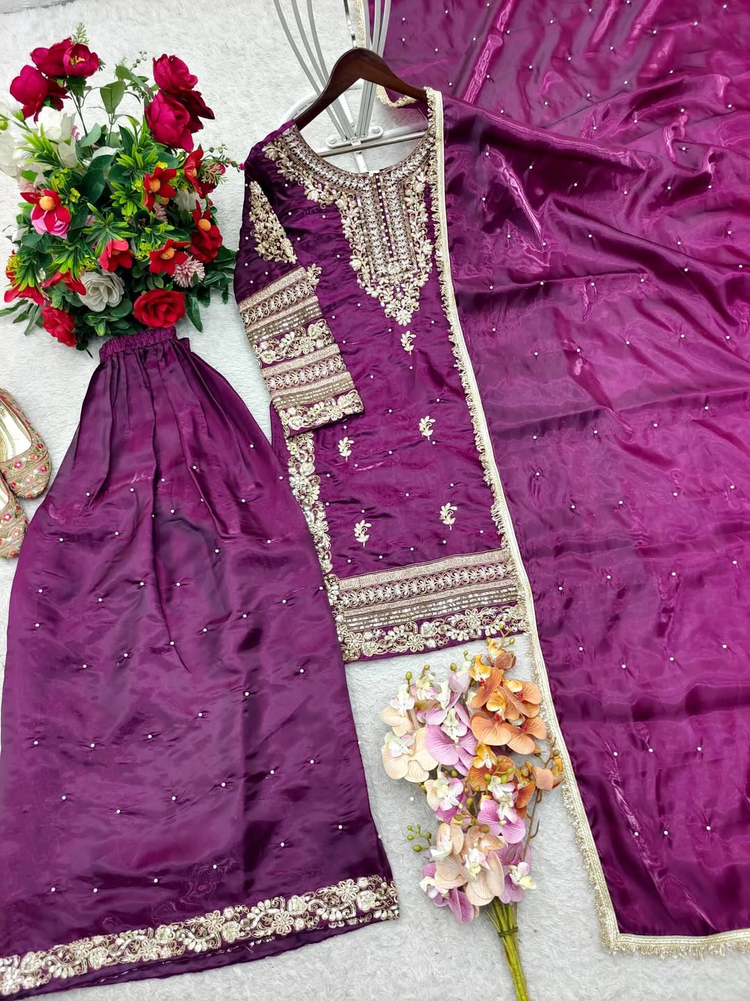 Designer Embroidered Kurti Palazzo Set with Dupatta | Wine & Bottle Green Party Wear Suit