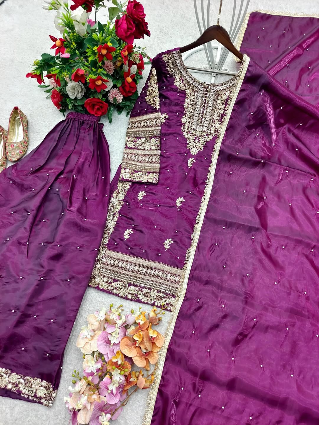 Designer Embroidered Kurti Palazzo Set with Dupatta | Wine & Bottle Green Party Wear Suit