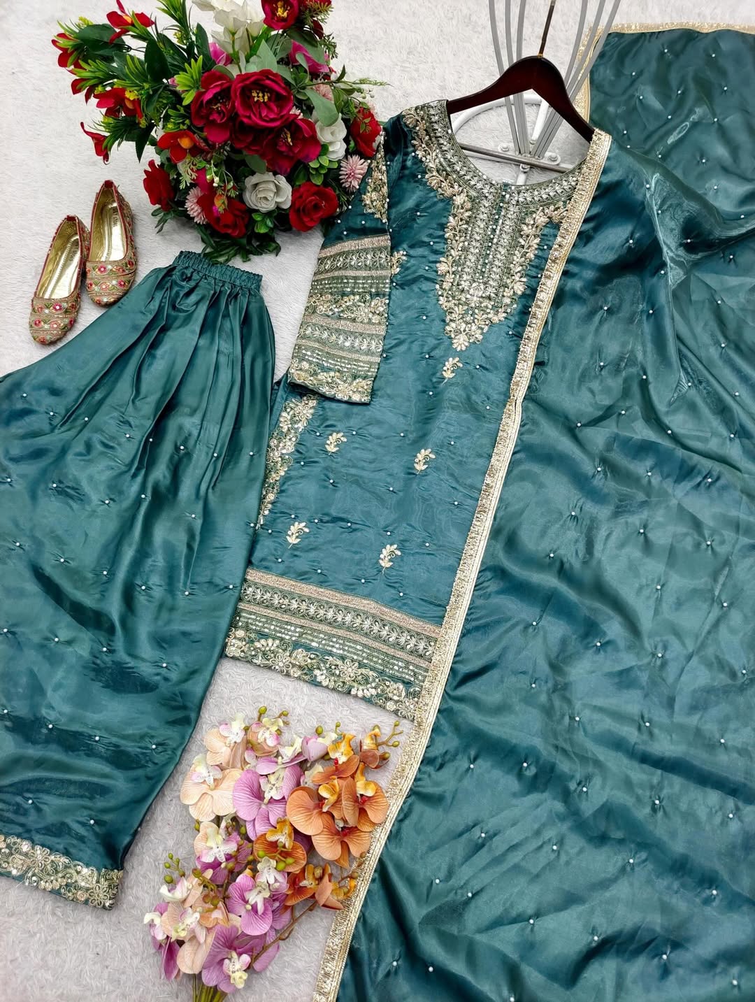 Designer Embroidered Kurti Palazzo Set with Dupatta | Wine & Bottle Green Party Wear Suit