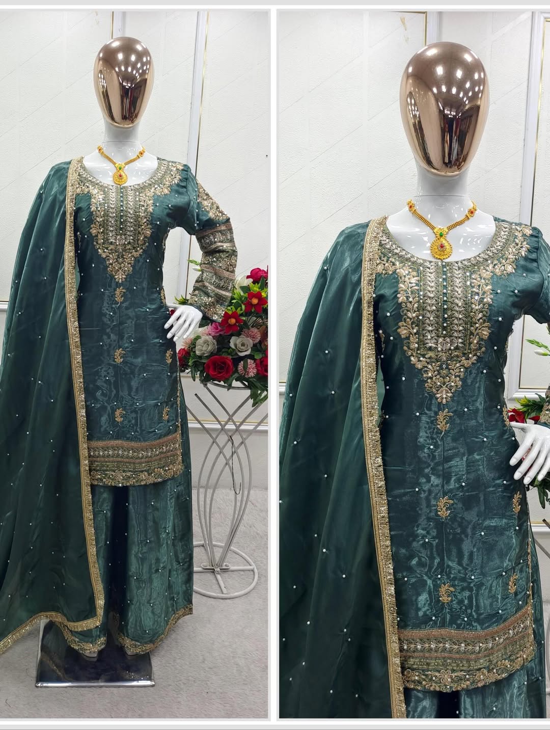 Designer Embroidered Kurti Palazzo Set with Dupatta | Wine & Bottle Green Party Wear Suit
