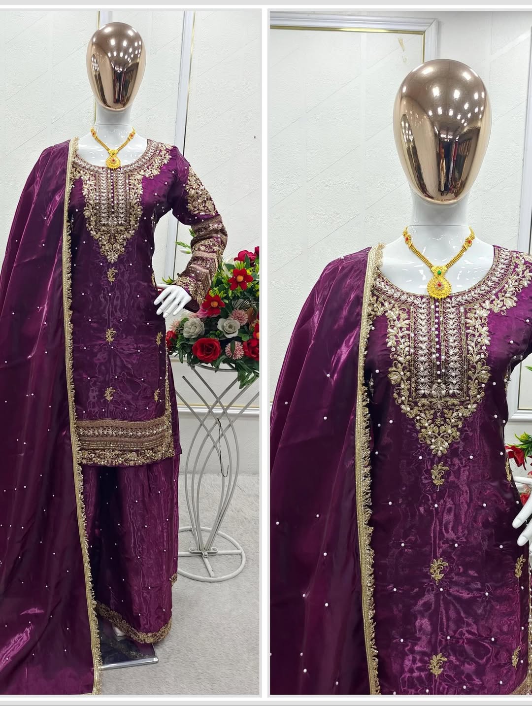 Designer Embroidered Kurti Palazzo Set with Dupatta | Wine & Bottle Green Party Wear Suit