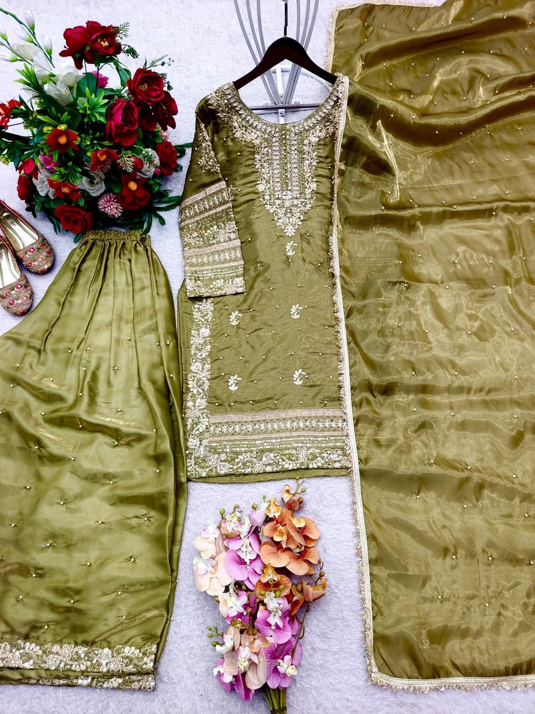 Designer Embroidered Kurta Sharara Suit Set with Dupatta | Party Wear Festive Ethnic Outfit for Women | Available in Pink & Olive Green