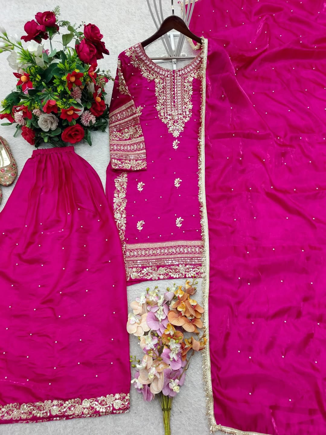 Designer Embroidered Kurta Sharara Suit Set with Dupatta | Party Wear Festive Ethnic Outfit for Women | Available in Pink & Olive Green