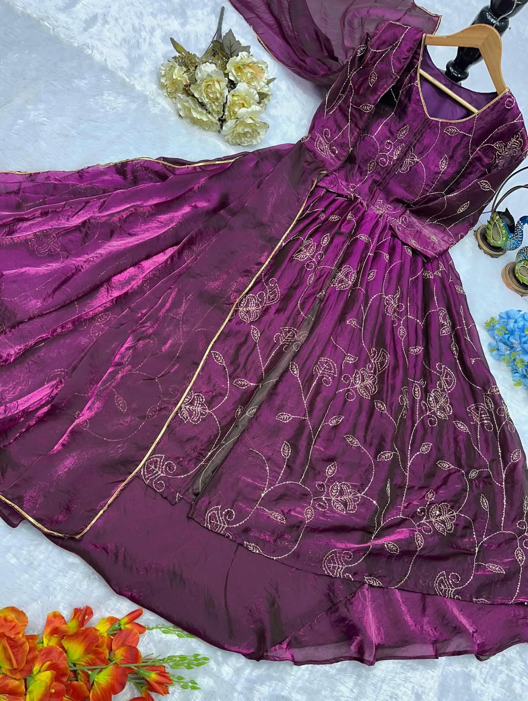 Wine Purple Designer Party Wear Gown with Embroidery & Dupatta | Premium Ethnic Gown for Women