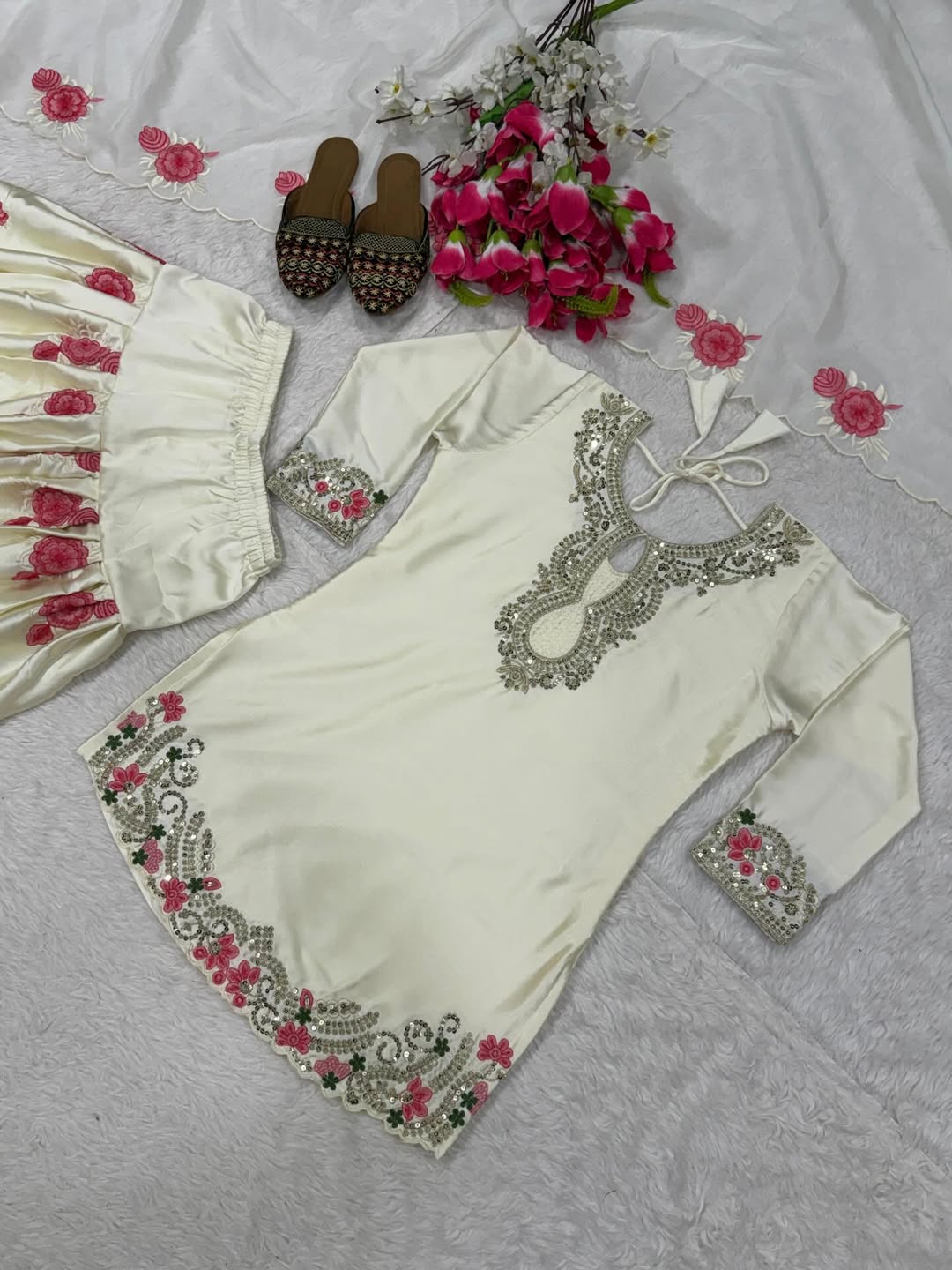 Ivory White Designer Kurta Patiala Set with Floral Embroidery & Dupatta | Party Wear Festive Ethnic Outfit for Women