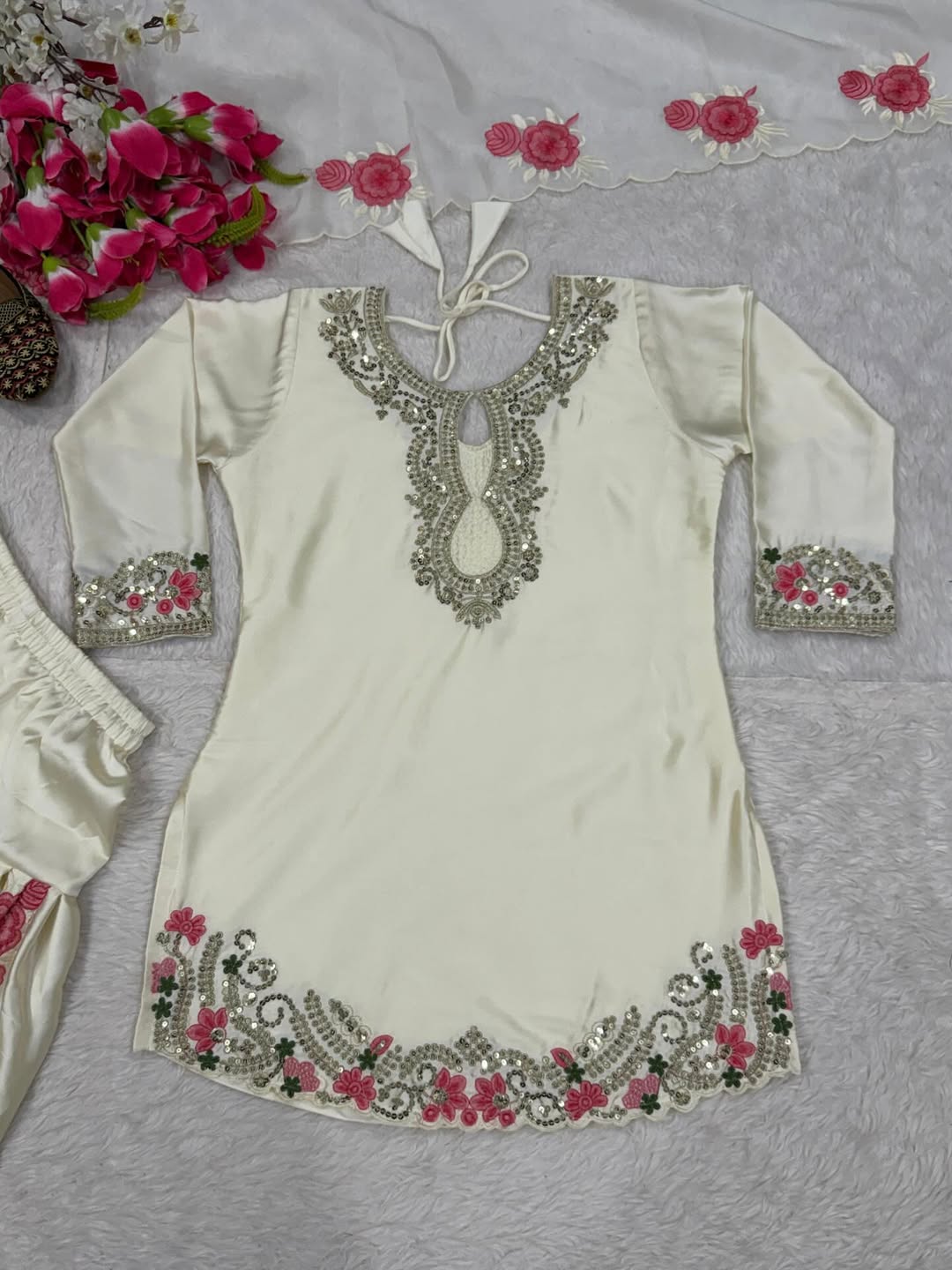 Ivory White Designer Kurta Patiala Set with Floral Embroidery & Dupatta | Party Wear Festive Ethnic Outfit for Women