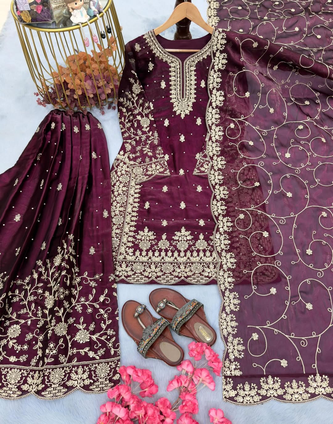 Embroidered Kurta Pant Set with Floral Dupatta | Designer Party Wear & Festive Ethnic Suit for Women