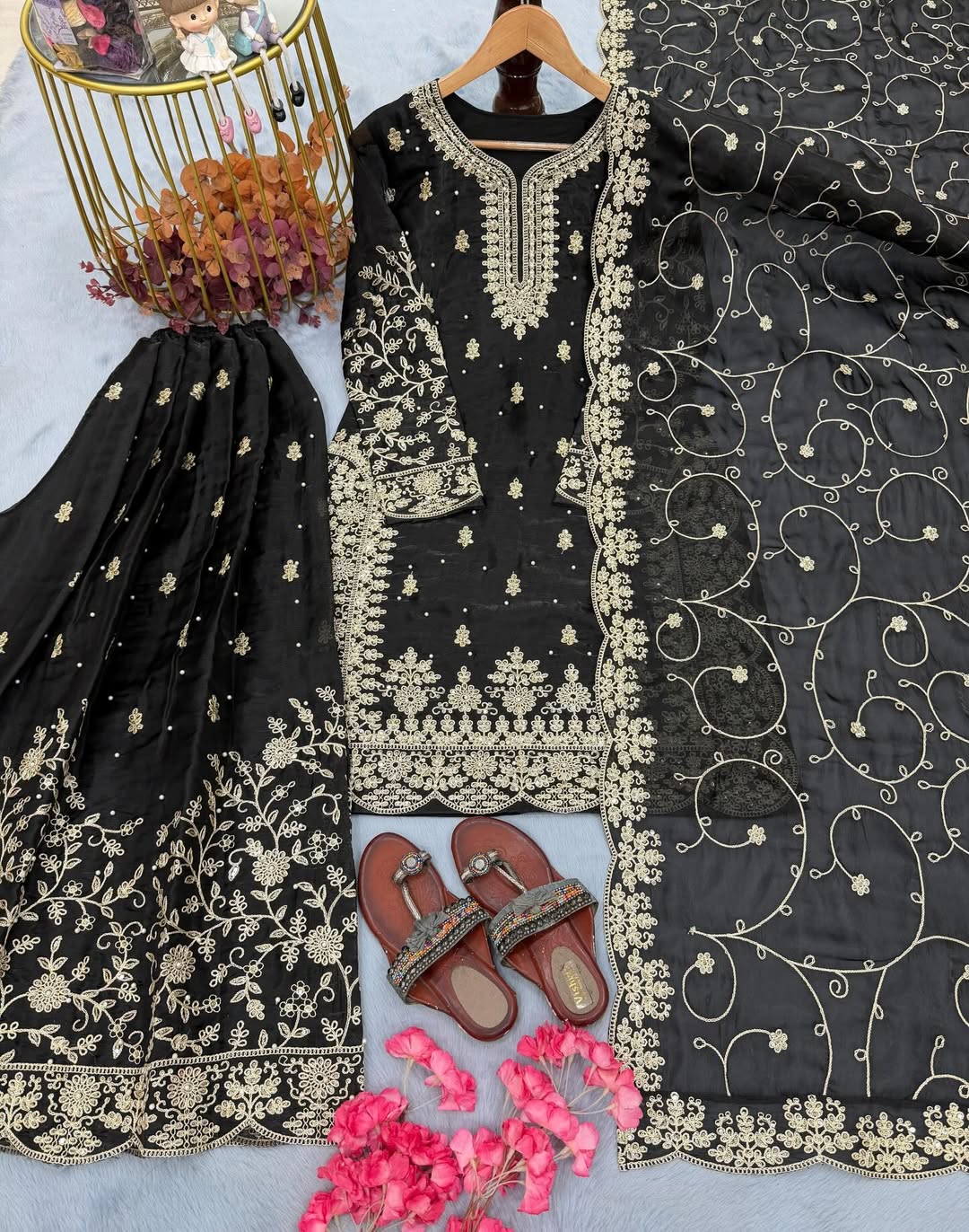 Embroidered Kurta Pant Set with Floral Dupatta | Designer Party Wear & Festive Ethnic Suit for Women