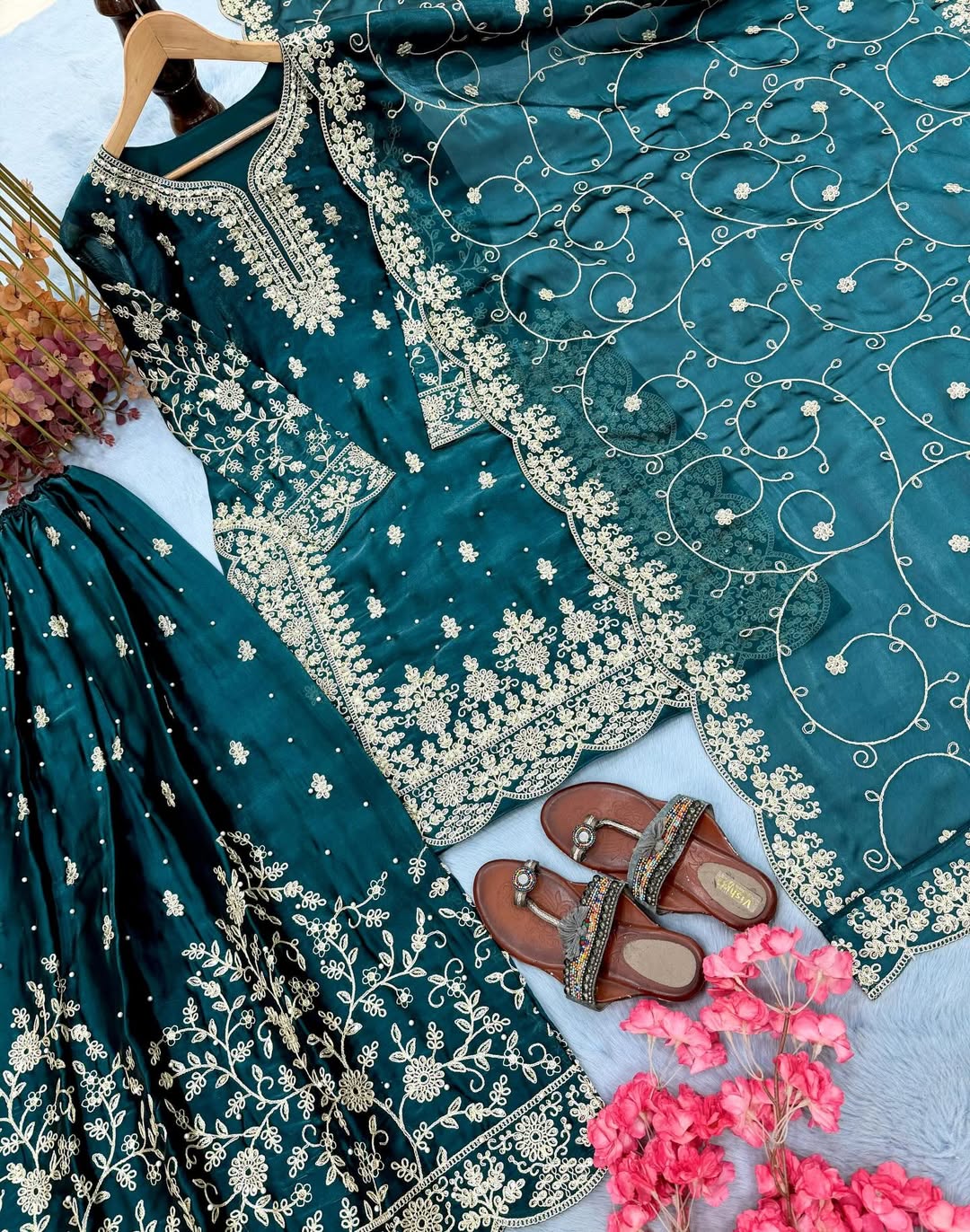 Embroidered Kurta Pant Set with Floral Dupatta | Designer Party Wear & Festive Ethnic Suit for Women