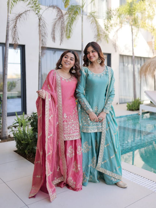 Premium Designer Embroidered Kurti Sharara Set with Dupatta | Festive & Party Wear