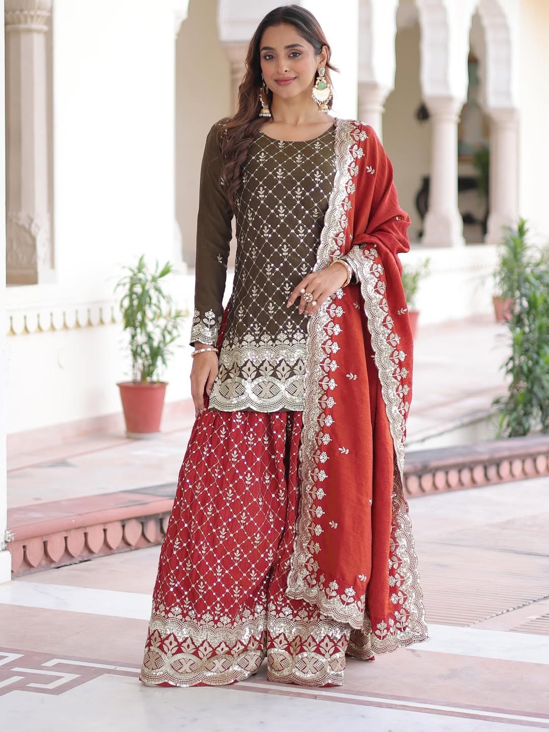 Premium Designer Embroidered Kurta Sharara Set with Dupatta – Festive & Party Wear