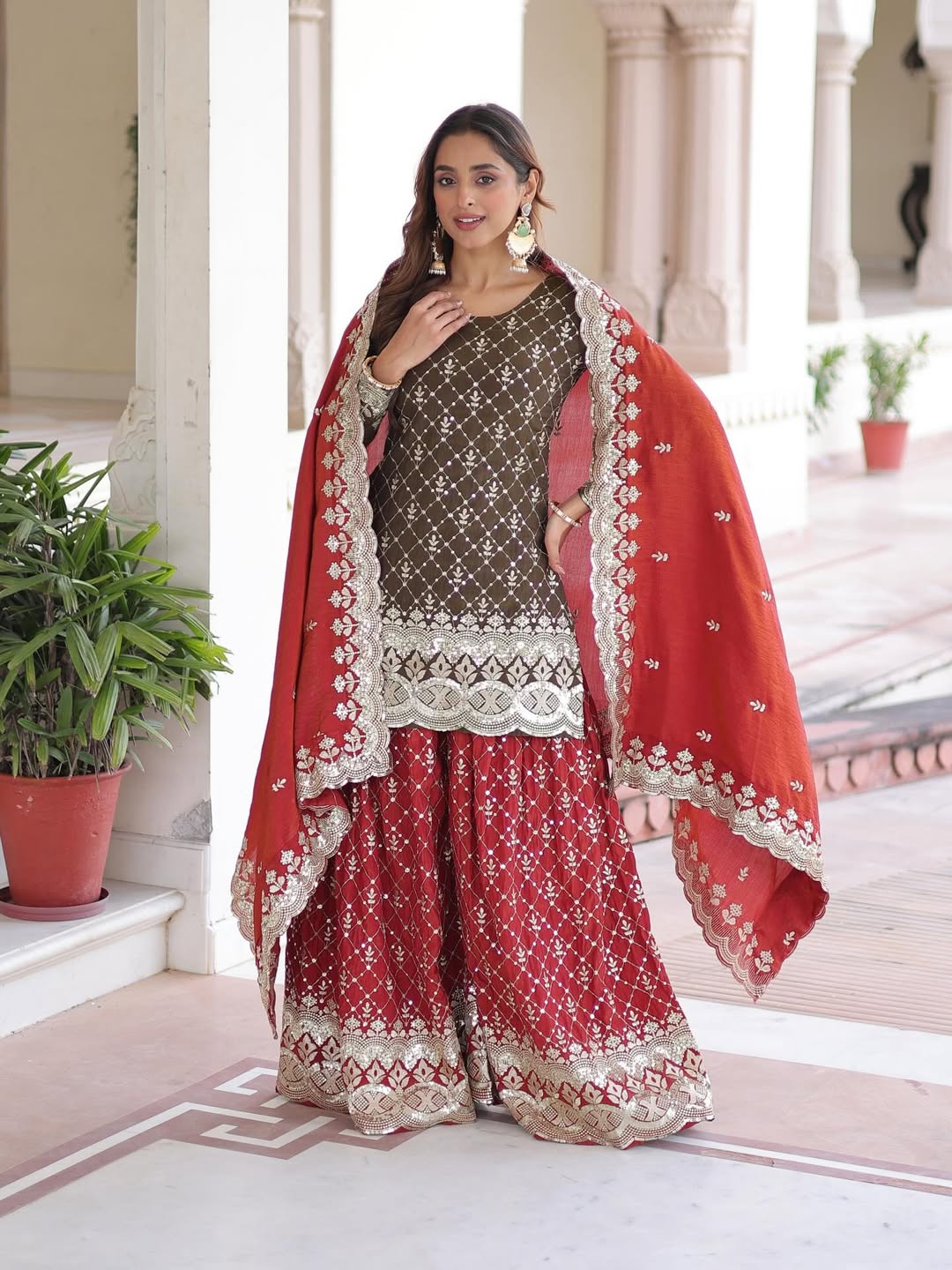 Premium Designer Embroidered Kurta Sharara Set with Dupatta – Festive & Party Wear