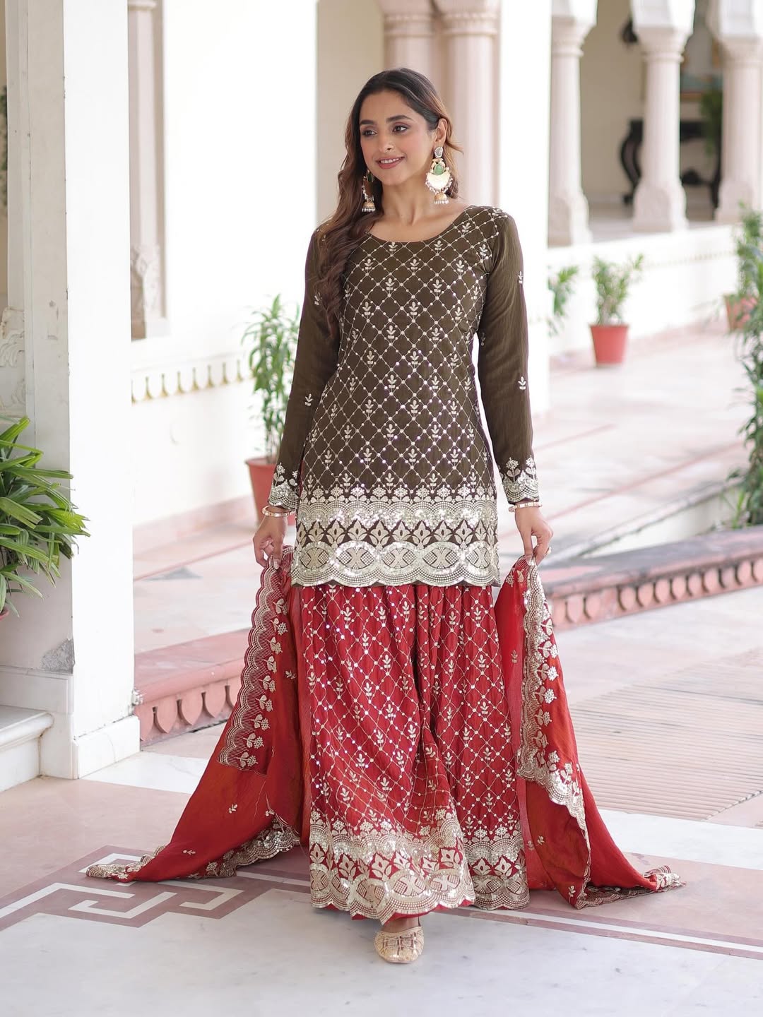 Premium Designer Embroidered Kurta Sharara Set with Dupatta – Festive & Party Wear