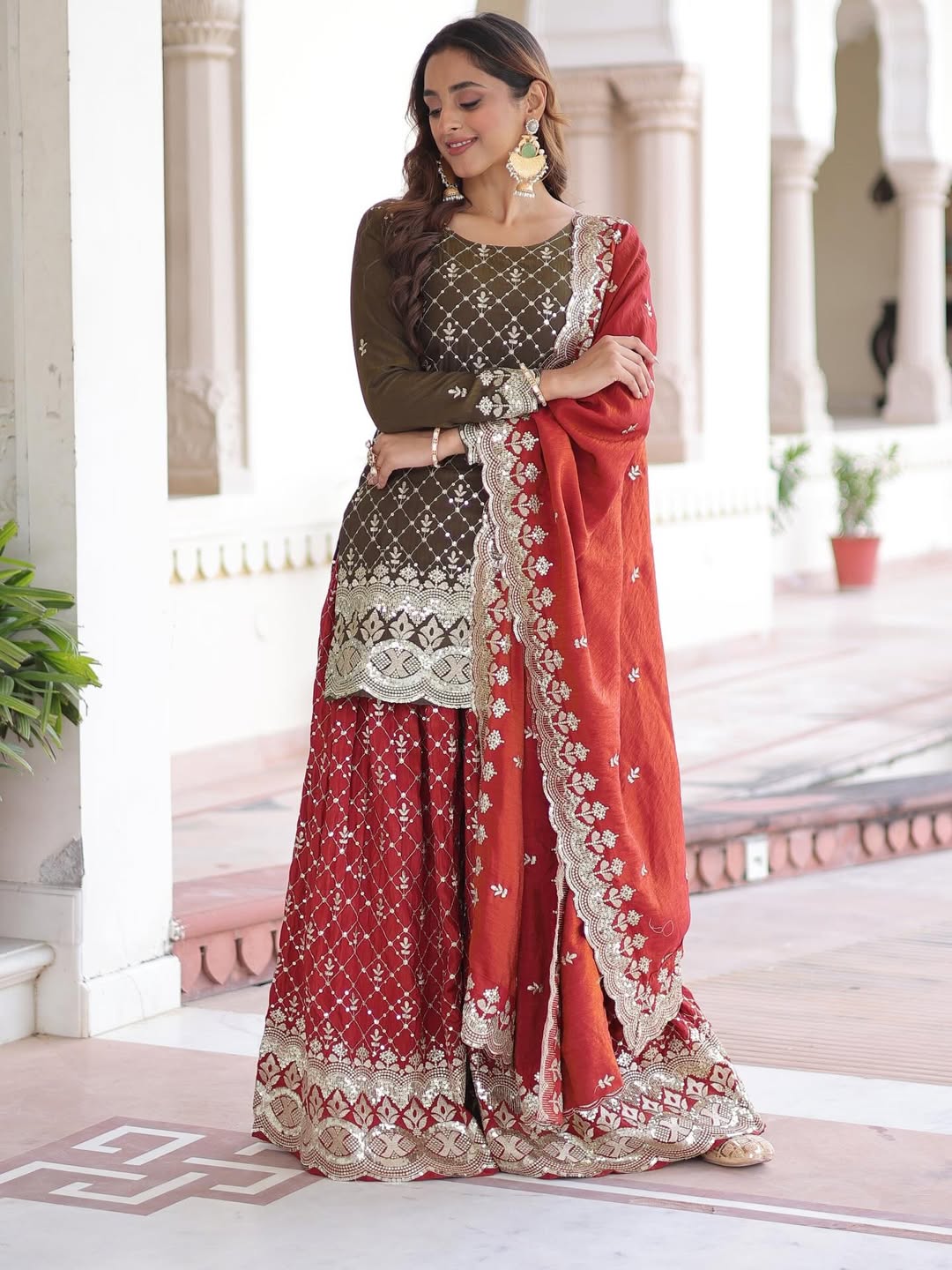 Premium Designer Embroidered Kurta Sharara Set with Dupatta – Festive & Party Wear