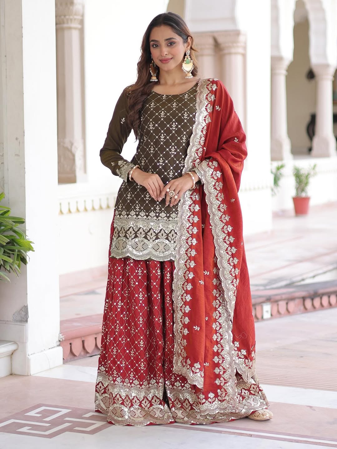 Premium Designer Embroidered Kurta Sharara Set with Dupatta – Festive & Party Wear