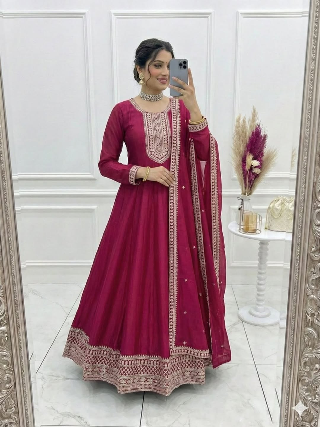 Designer Wine Anarkali Suit with Dupatta | Embroidered Party Wear Ethnic Dress for Women
