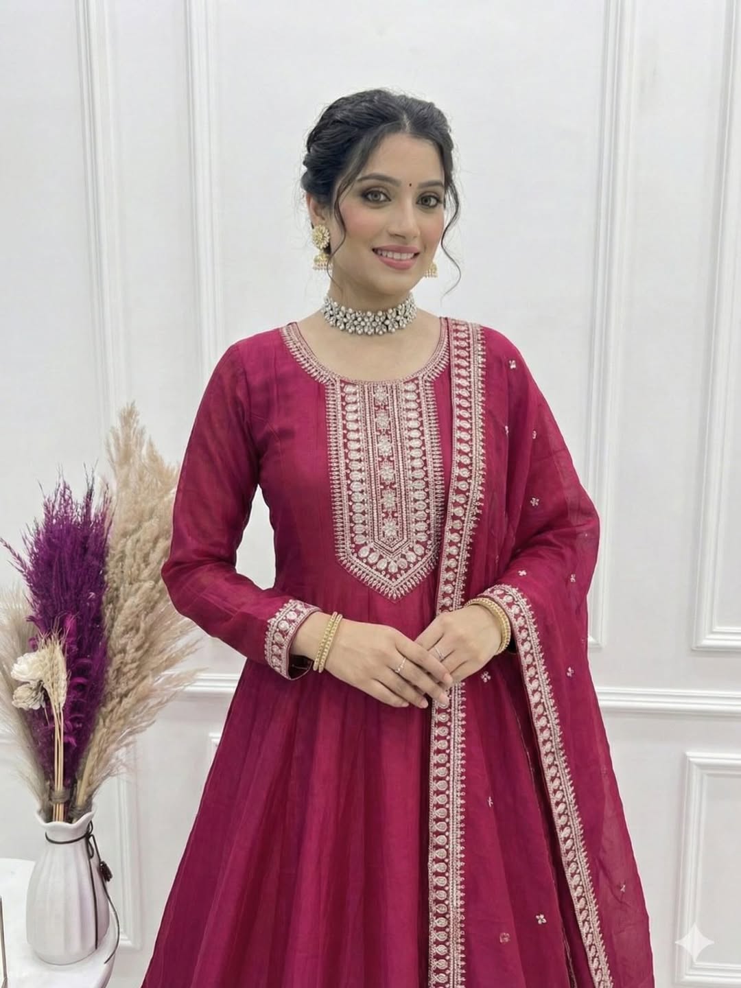 Designer Wine Anarkali Suit with Dupatta | Embroidered Party Wear Ethnic Dress for Women