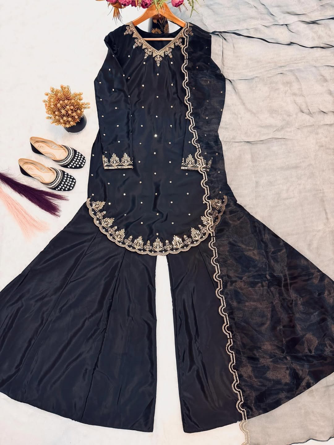 Designer Heavy Embroidered Kurti Palazzo Set with Net Dupatta | Party & Festive Wear for Women