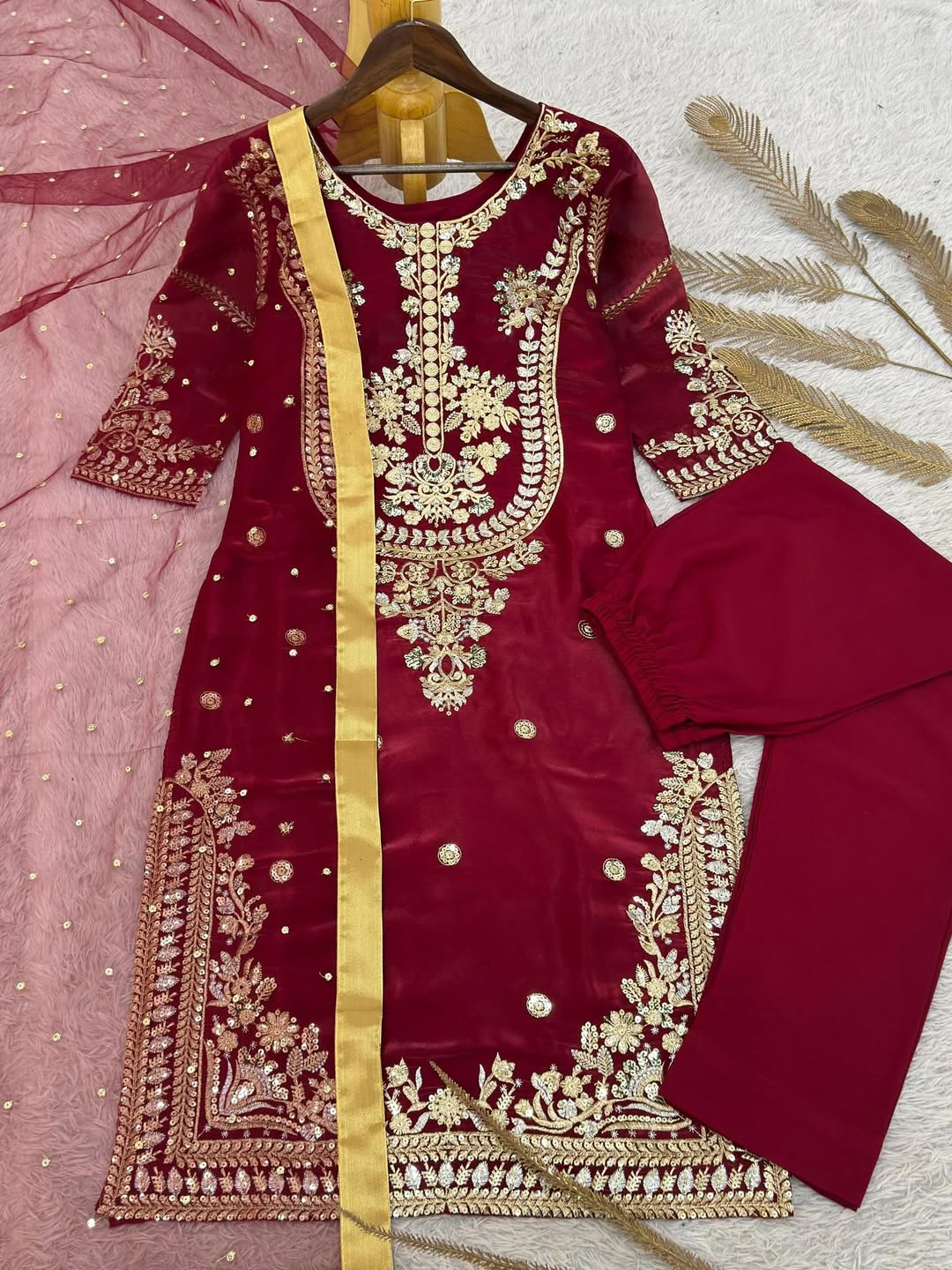 Designer Kurta Pant Set with Mirror Work & Dupatta | Festive Party Wear Ethnic Outfit for Women