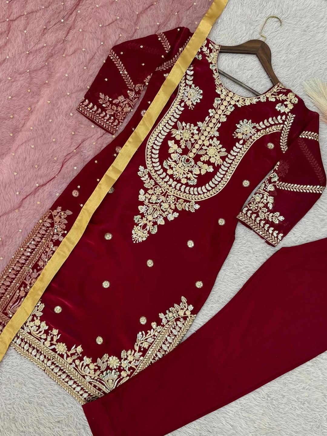 Designer Kurta Pant Set with Mirror Work & Dupatta | Festive Party Wear Ethnic Outfit for Women