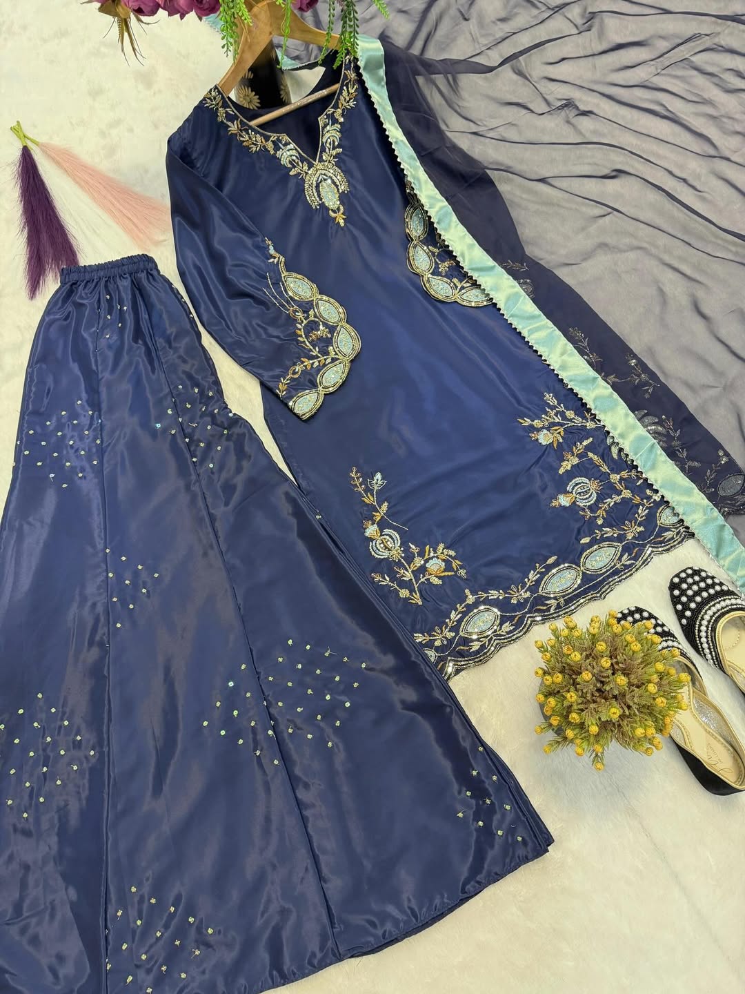 Elegant Navy Blue Embroidered Kurti Pant Set with Dupatta | Designer Party & Festive Wear Suit