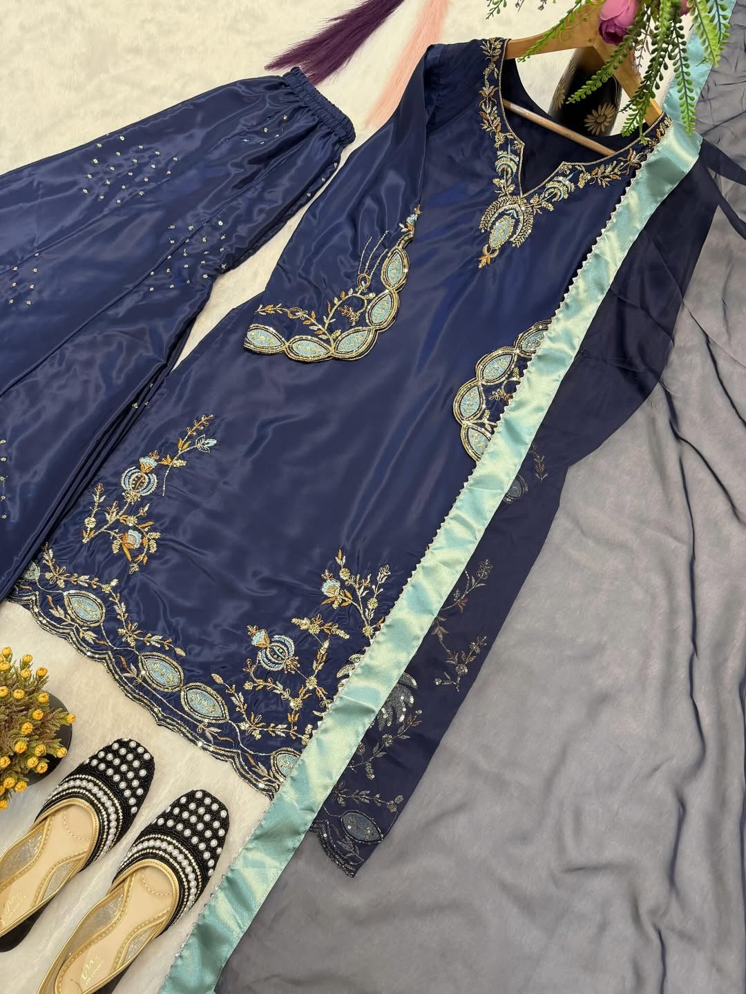 Elegant Navy Blue Embroidered Kurti Pant Set with Dupatta | Designer Party & Festive Wear Suit