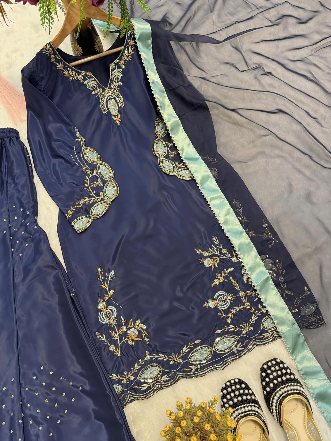 Elegant Navy Blue Embroidered Kurti Pant Set with Dupatta | Designer Party & Festive Wear Suit