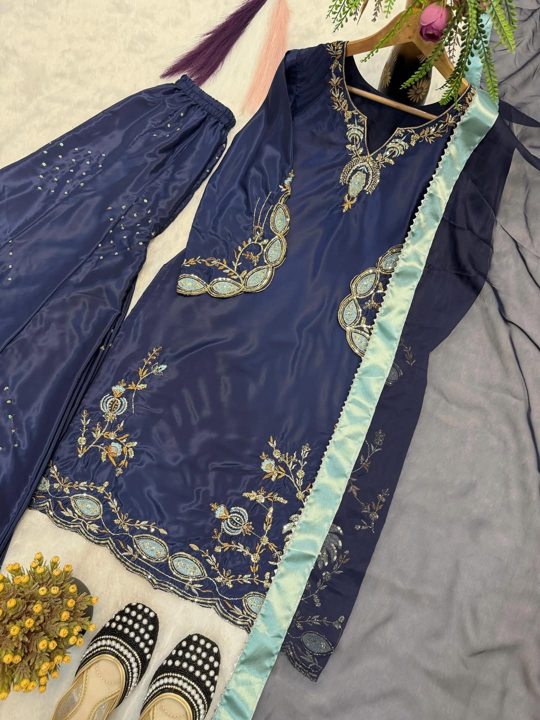 Elegant Navy Blue Embroidered Kurti Pant Set with Dupatta | Designer Party & Festive Wear Suit