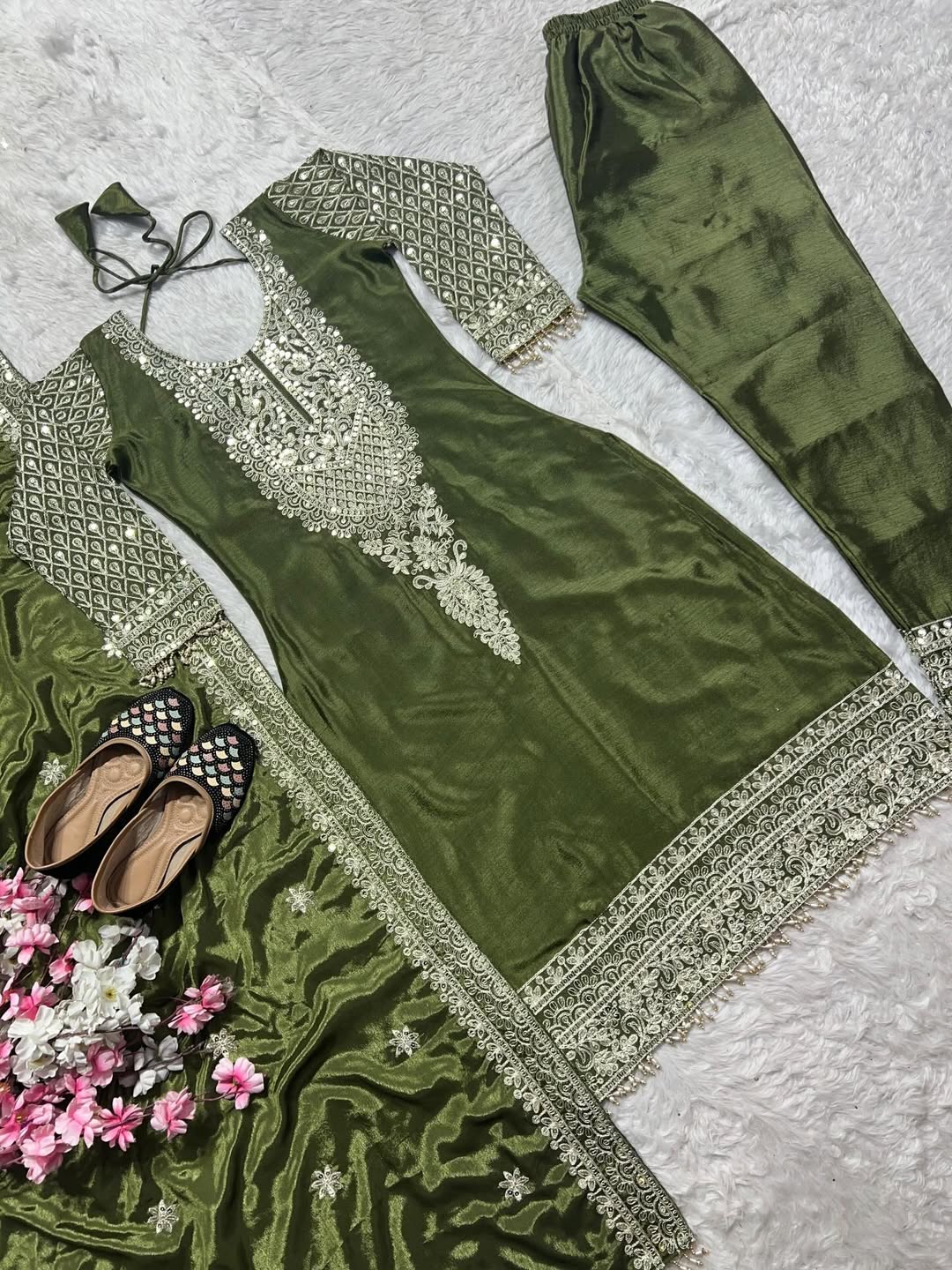 Designer Olive Green Kurta Pant Set with Dupatta – Heavy Embroidered Festive Wear