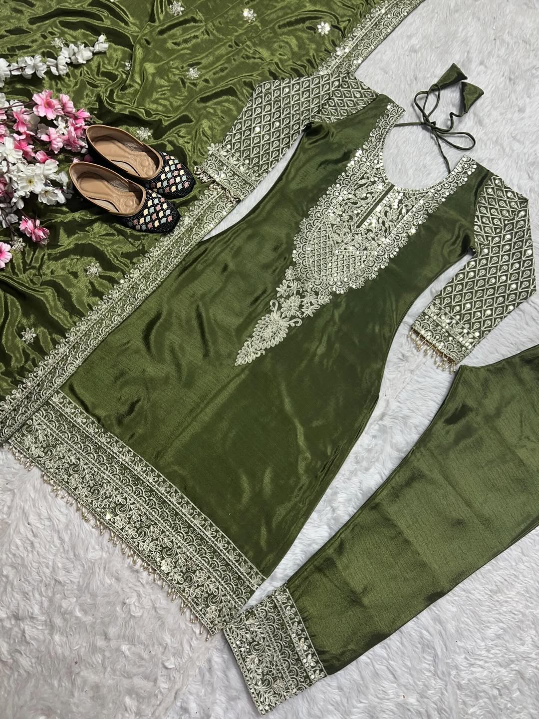 Designer Olive Green Kurta Pant Set with Dupatta – Heavy Embroidered Festive Wear