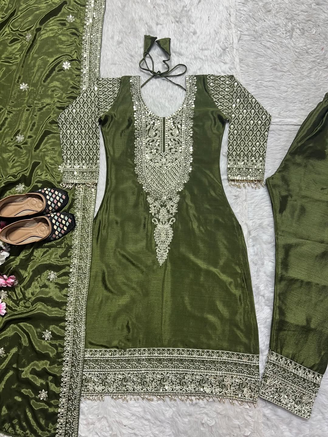 Designer Olive Green Kurta Pant Set with Dupatta – Heavy Embroidered Festive Wear