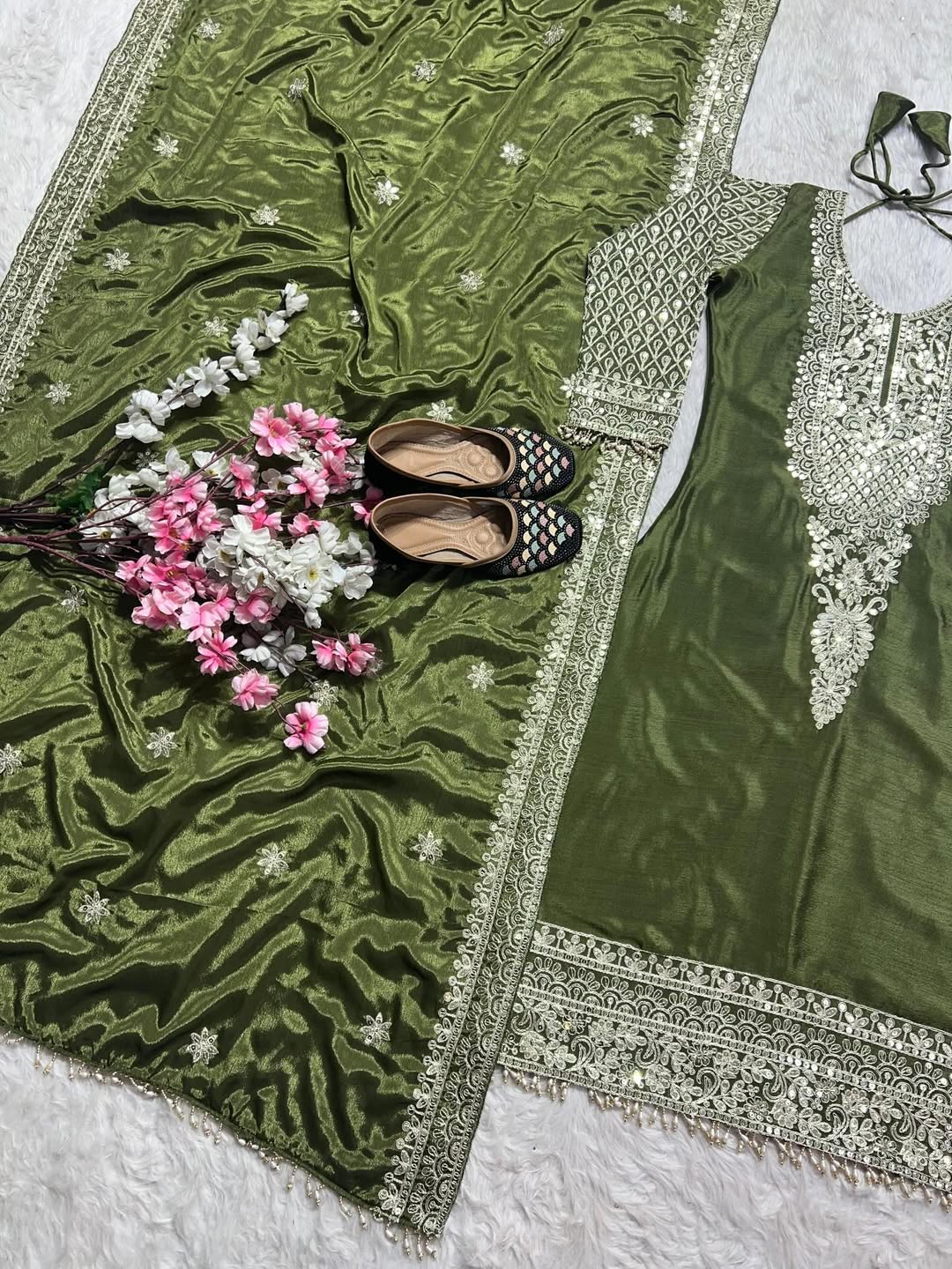 Designer Olive Green Kurta Pant Set with Dupatta – Heavy Embroidered Festive Wear