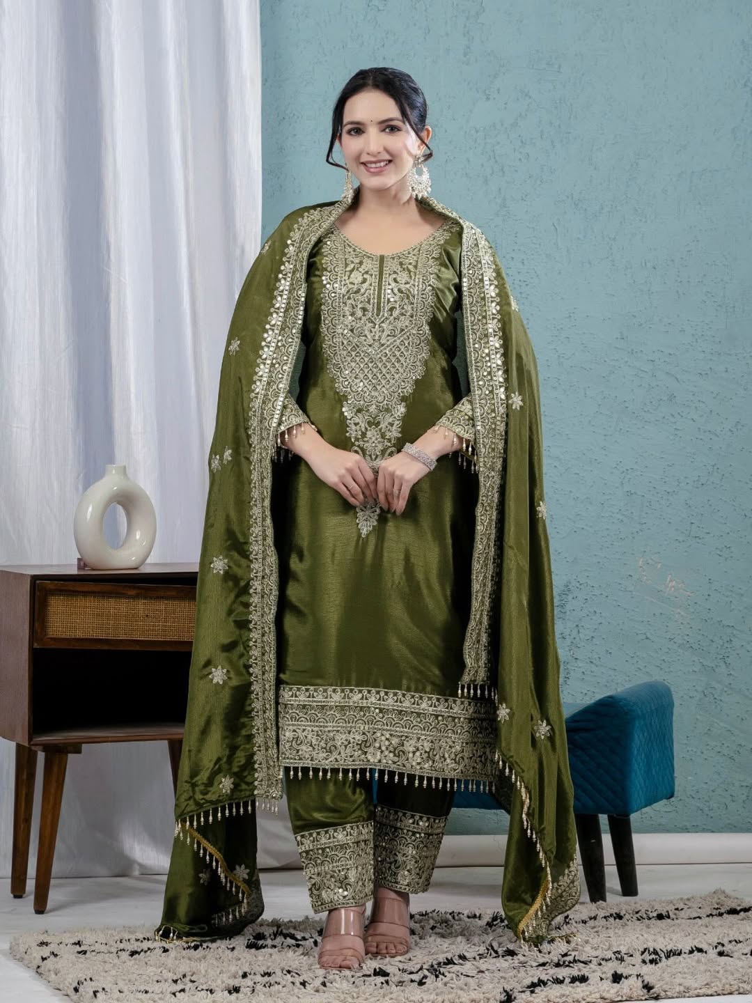 Designer Olive Green Kurta Pant Set with Dupatta – Heavy Embroidered Festive Wear