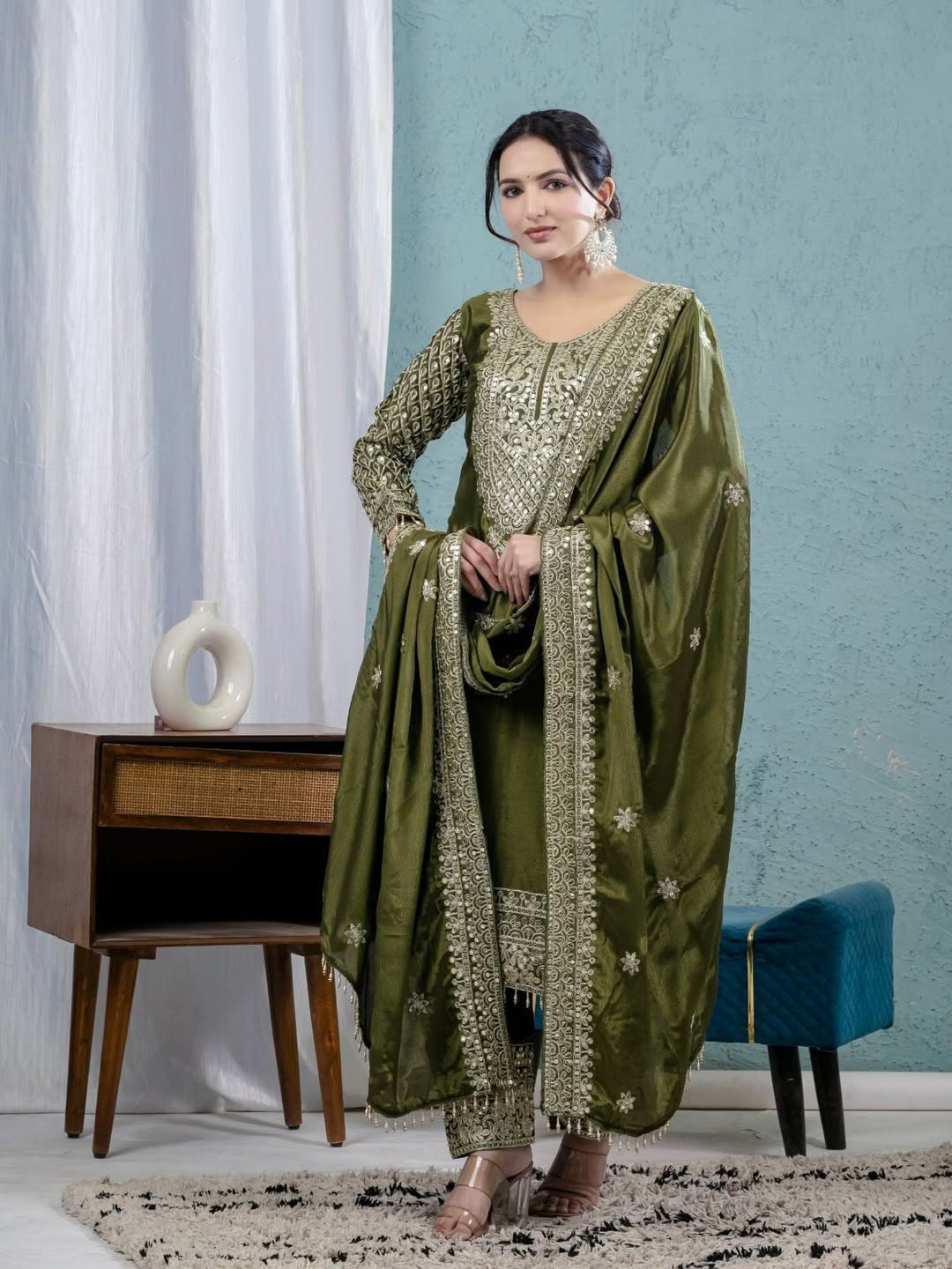 Designer Olive Green Kurta Pant Set with Dupatta – Heavy Embroidered Festive Wear