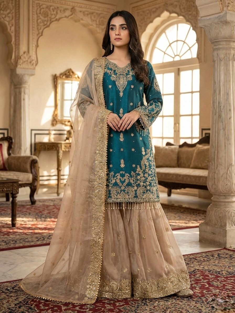 ✨ Designer Heavy Embroidered Kurti Sharara Set with Net Dupatta | Eid Special Party Wear Suit ✨